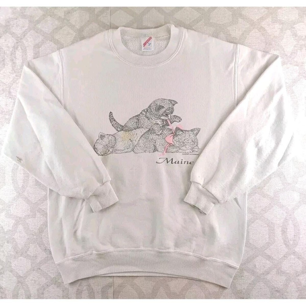 Jerzees Maine Souvenir Women Large White Kitten Graphic Sweatshirt 90s Cotton